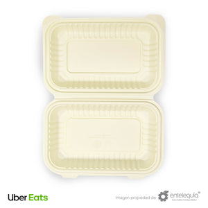 Almeja Rectangular de Fécula de Maíz Blanca UberEats- Desechables Biodegradable Entelequia 400 pzas